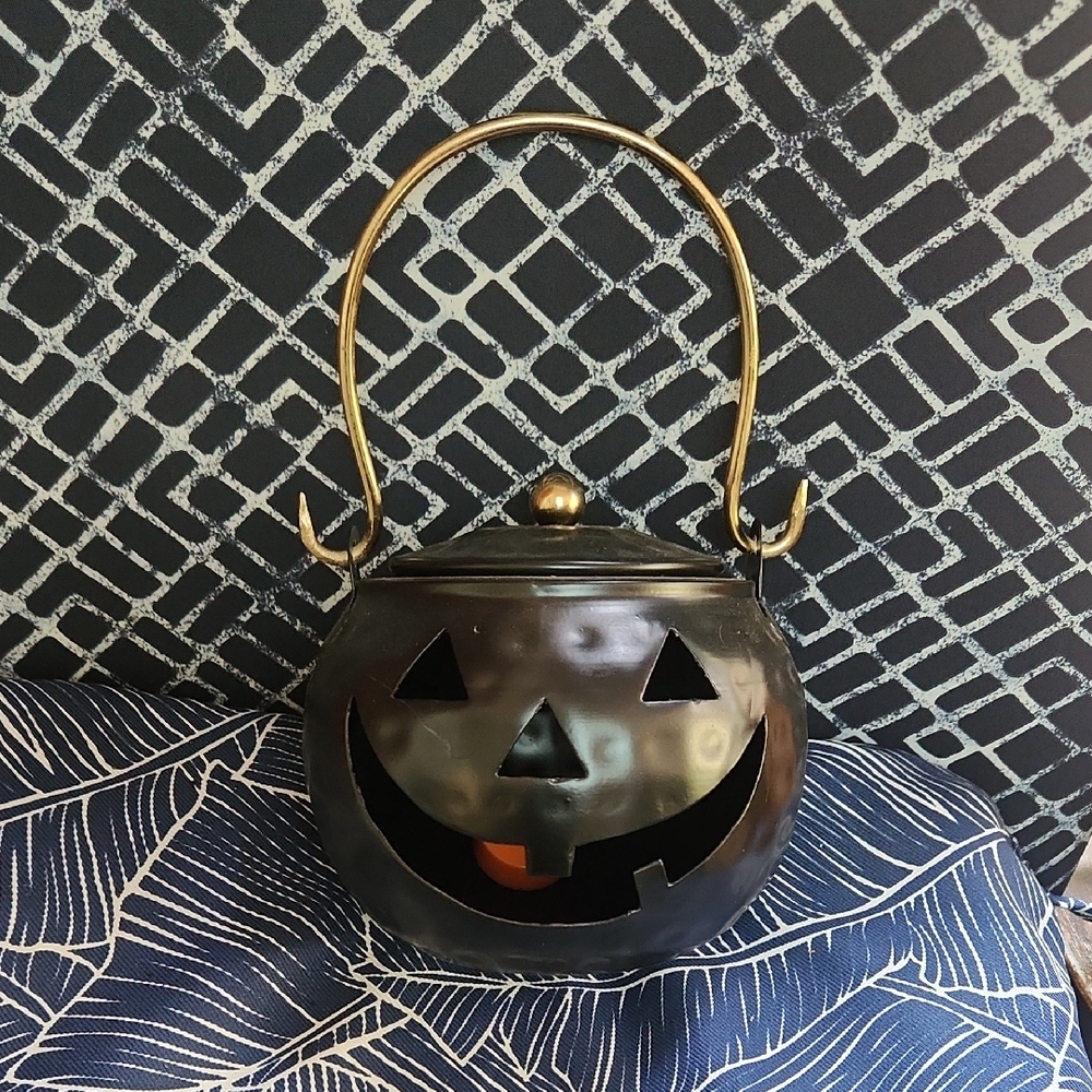 Black Pumpkin Lantern with Gold Handle